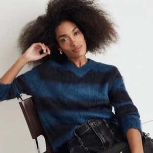 Madewell Fuzzy Blue and Black V-Neck Sweater